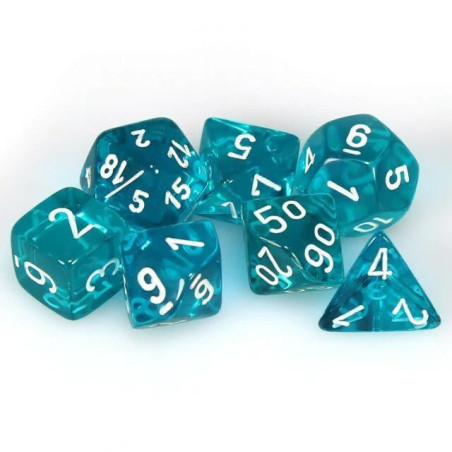 CHESSEX - Set de 7 dés - TRANSPARENT - Sarcelle/Blanc